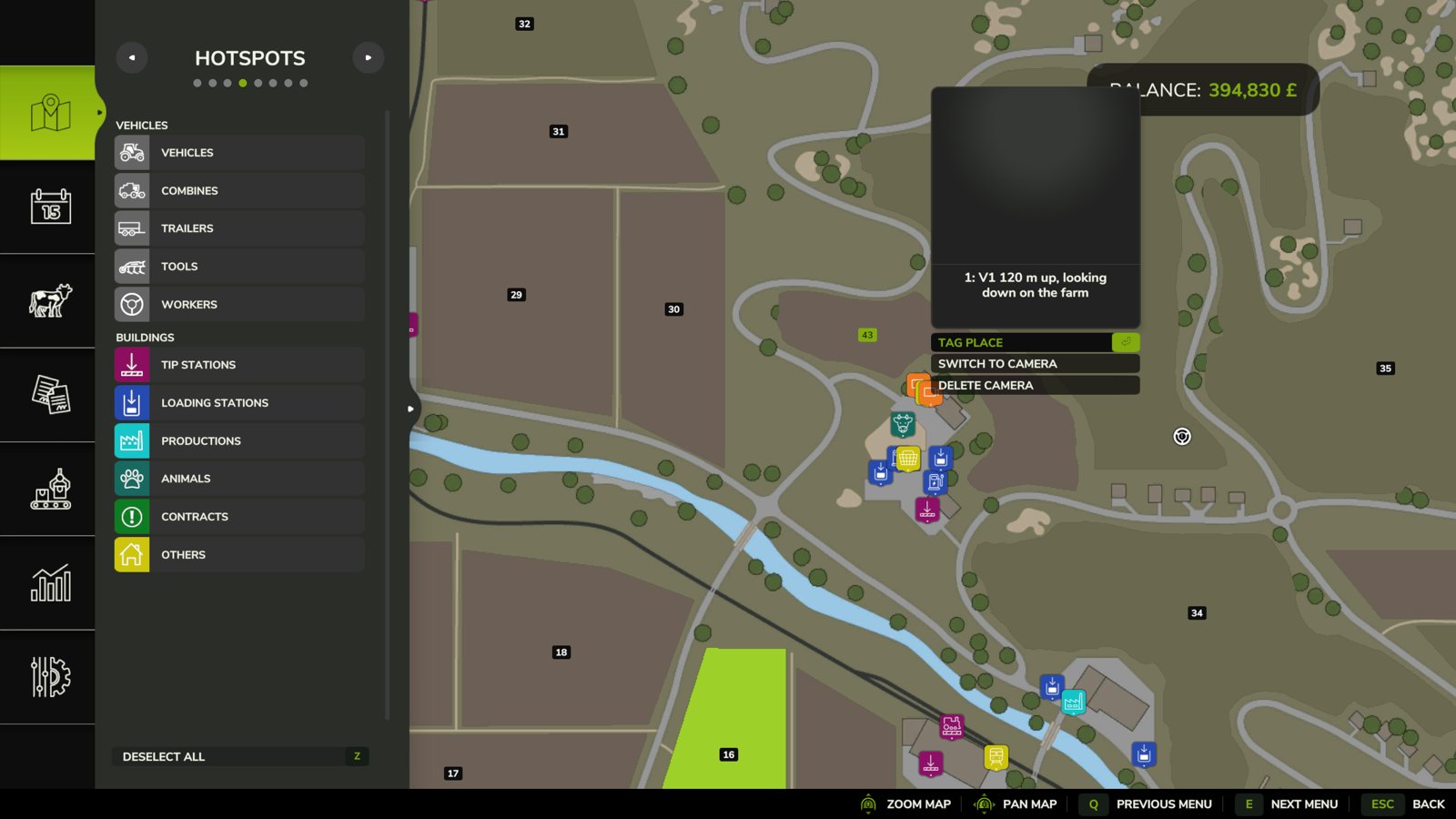 A static camera on the pause-screen map, with Switch to Camera and Delete Camera
