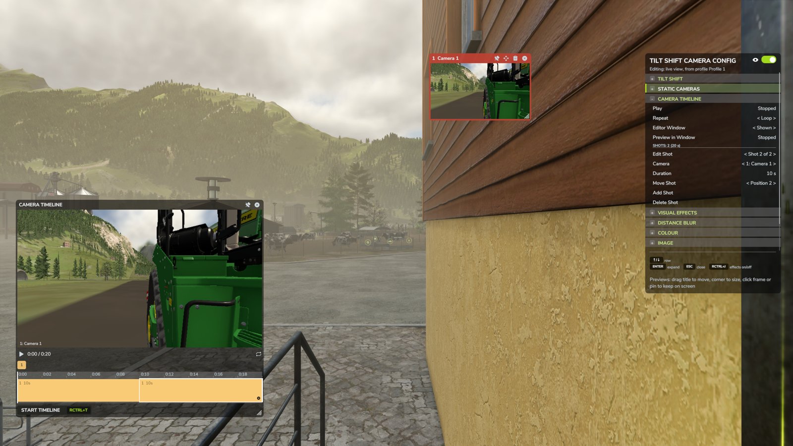 The camera timeline editor with a preview window
